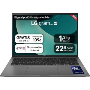 Portátil LG Gram 16ZD90T-G.AX78B Intel Core Ultra 7-255H/ 16GB/ 1TB SSD/ 16'/ Sin Sistema Operativo
